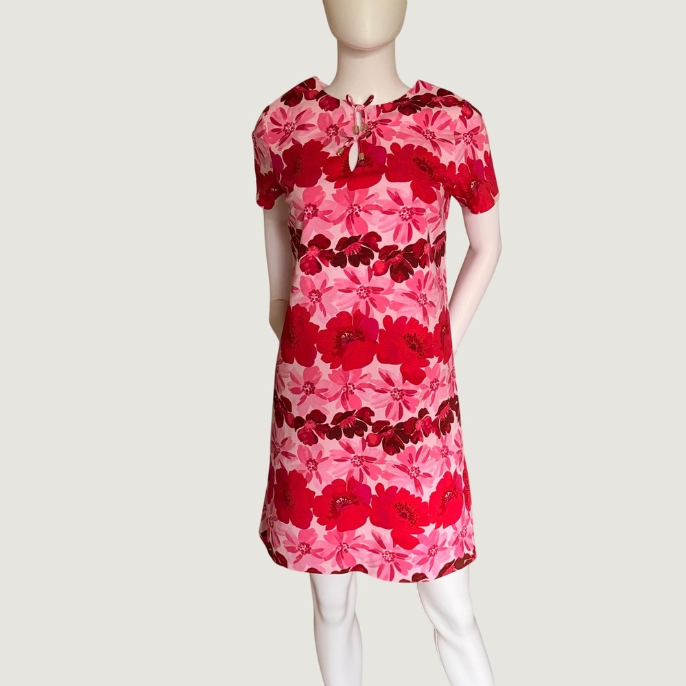 Talbots Petite Womens Pink Red Floral Corduroy Shift Dress Keyhole Size 10P